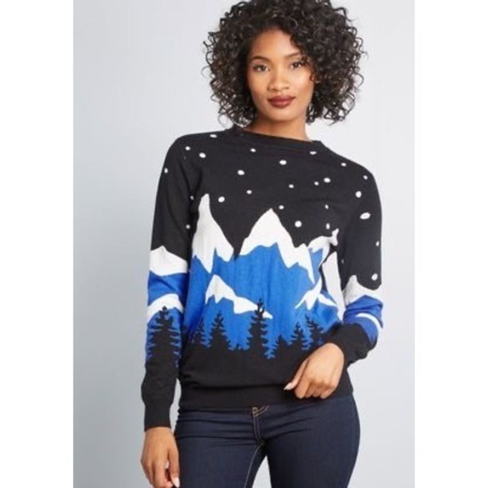 Sugarhill Brighton Poppy Alpine Sweater Black Blue White Mountain Trees Women 10
